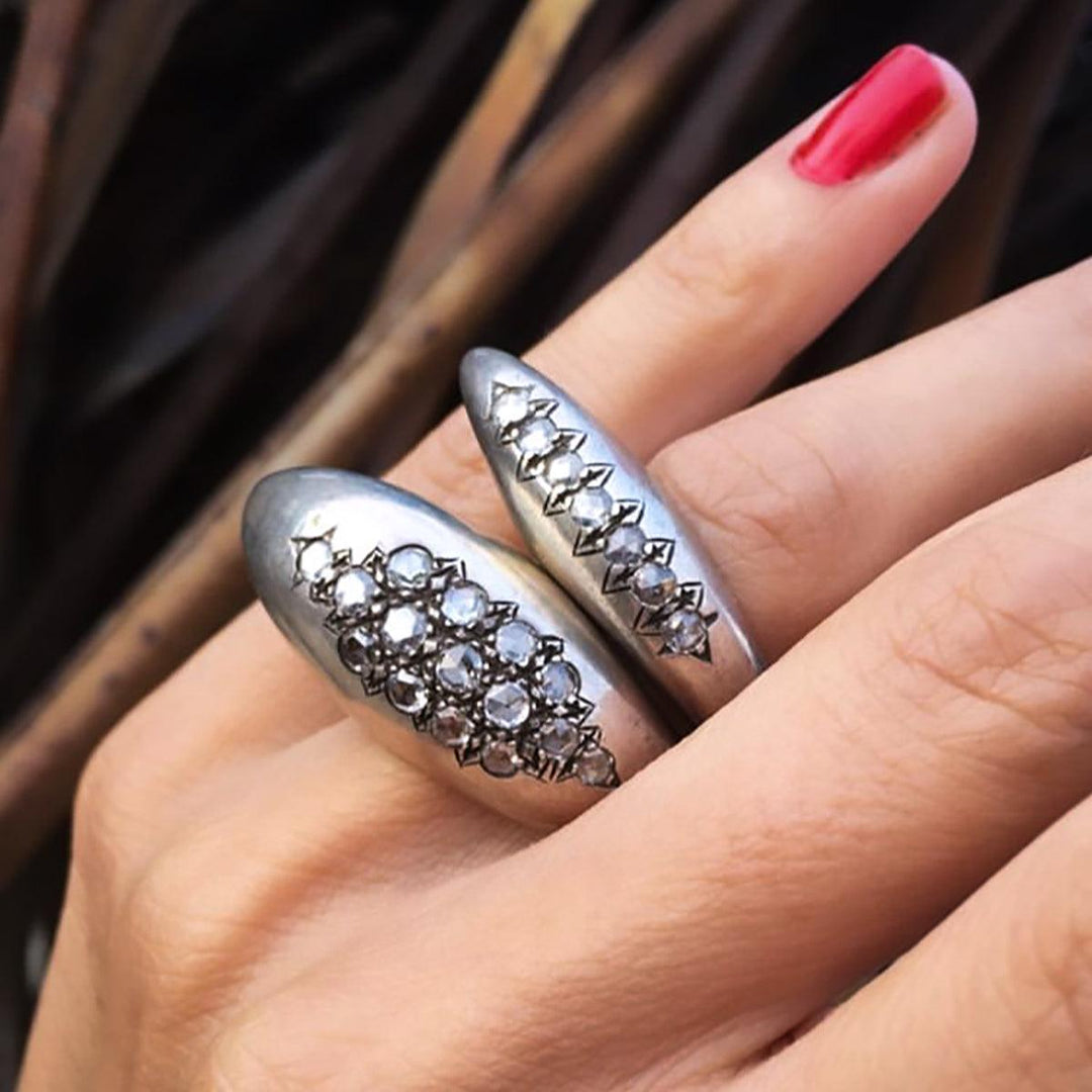 Medium Crescent Diamond Ridge Ring Silver