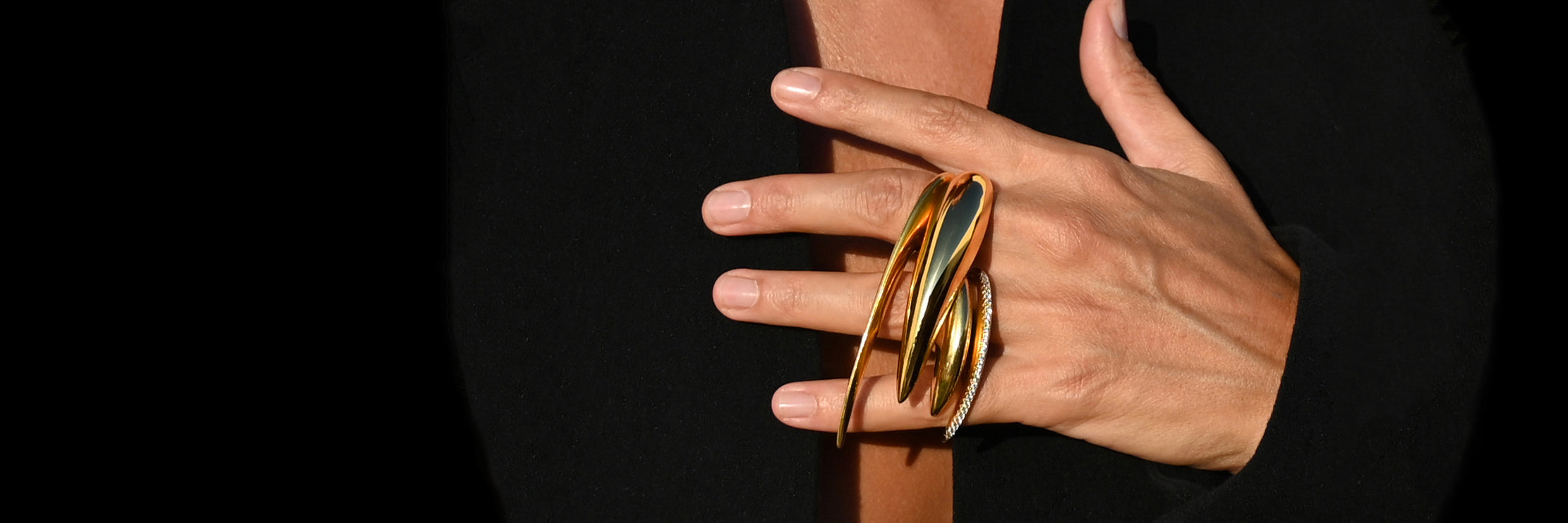 18K Gold Cresent and Slice rings stacked and worn together - Jovana Djuric New York