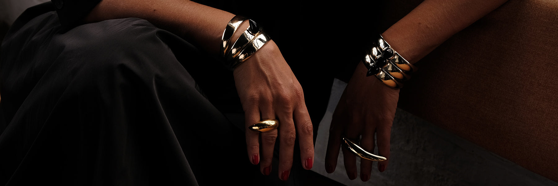Sterling silver Horus rings and  Rise Cuffs worn together on both hands - Jovana Djuric New York